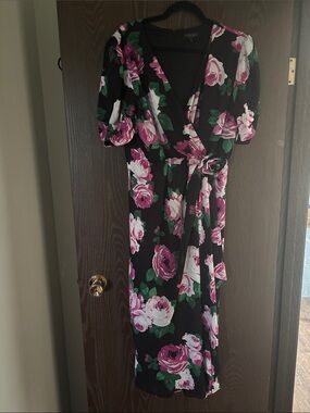 Floral Wrap Midi Dress in Black with Pink Roses